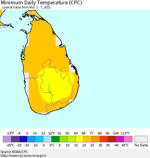 Sri Lanka Minimum Daily Temperature (CPC) Thematic Map For 3/1/2021 - 3/7/2021