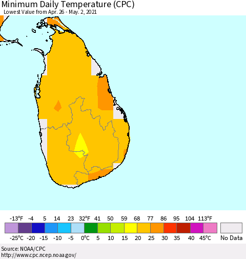 Sri Lanka Minimum Daily Temperature (CPC) Thematic Map For 4/26/2021 - 5/2/2021