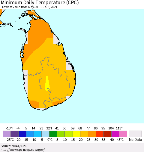 Sri Lanka Extreme Minimum Temperature (CPC) Thematic Map For 5/31/2021 - 6/6/2021