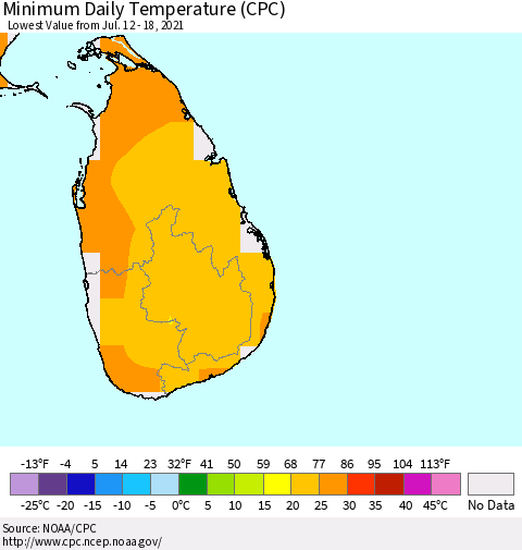 Sri Lanka Extreme Minimum Temperature (CPC) Thematic Map For 7/12/2021 - 7/18/2021