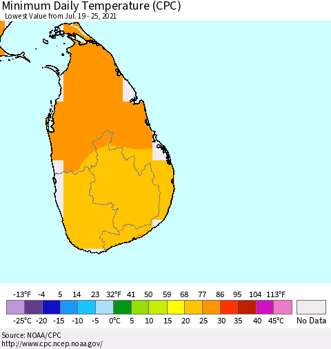 Sri Lanka Extreme Minimum Temperature (CPC) Thematic Map For 7/19/2021 - 7/25/2021