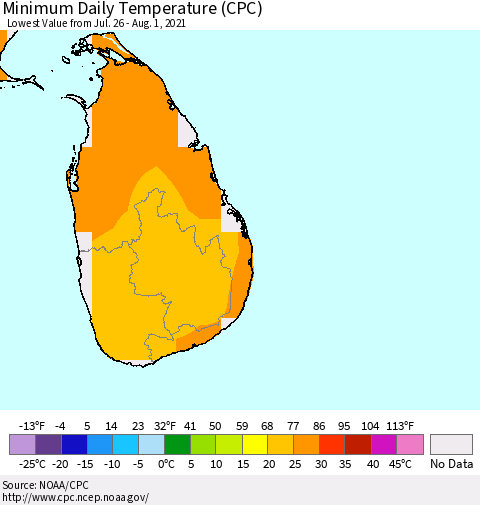 Sri Lanka Minimum Daily Temperature (CPC) Thematic Map For 7/26/2021 - 8/1/2021