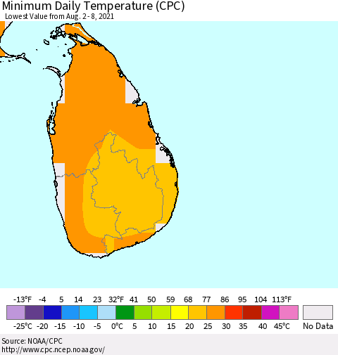 Sri Lanka Minimum Daily Temperature (CPC) Thematic Map For 8/2/2021 - 8/8/2021