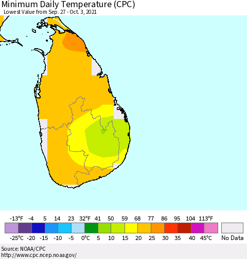 Sri Lanka Minimum Daily Temperature (CPC) Thematic Map For 9/27/2021 - 10/3/2021