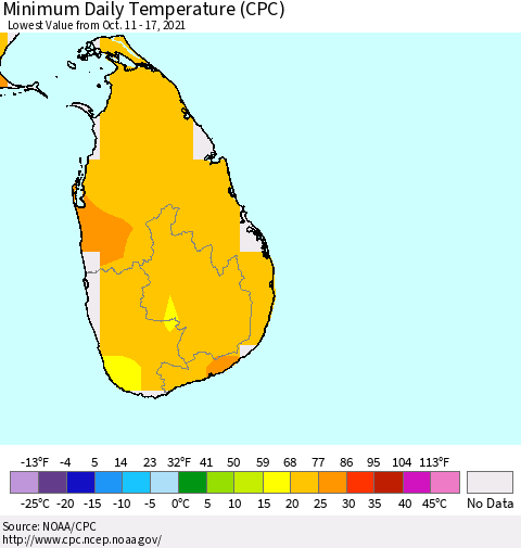 Sri Lanka Extreme Minimum Temperature (CPC) Thematic Map For 10/11/2021 - 10/17/2021