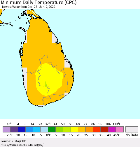 Sri Lanka Minimum Daily Temperature (CPC) Thematic Map For 12/27/2021 - 1/2/2022