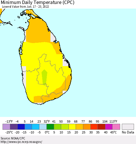 Sri Lanka Minimum Daily Temperature (CPC) Thematic Map For 1/17/2022 - 1/23/2022