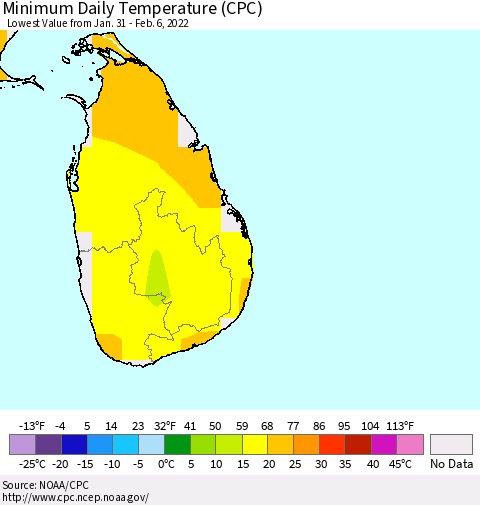 Sri Lanka Minimum Daily Temperature (CPC) Thematic Map For 1/31/2022 - 2/6/2022