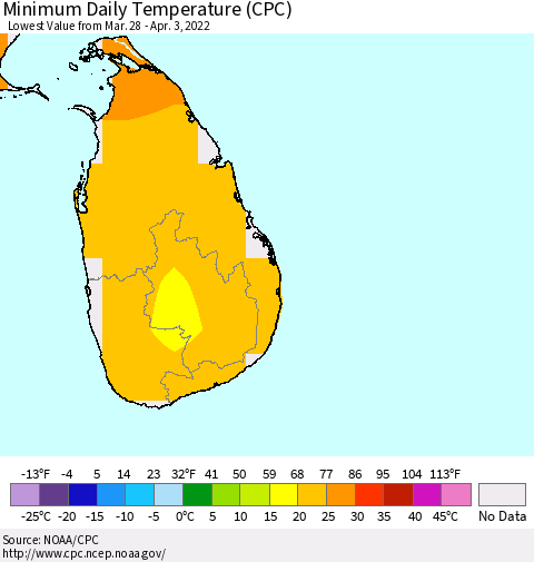 Sri Lanka Minimum Daily Temperature (CPC) Thematic Map For 3/28/2022 - 4/3/2022