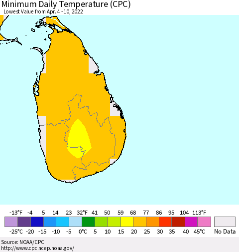 Sri Lanka Minimum Daily Temperature (CPC) Thematic Map For 4/4/2022 - 4/10/2022