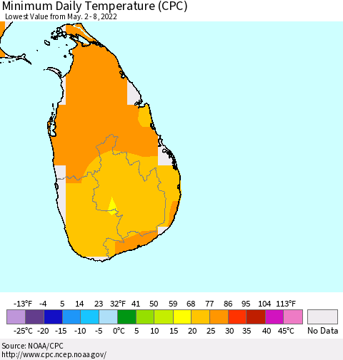 Sri Lanka Minimum Daily Temperature (CPC) Thematic Map For 5/2/2022 - 5/8/2022