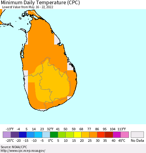 Sri Lanka Extreme Minimum Temperature (CPC) Thematic Map For 5/16/2022 - 5/22/2022
