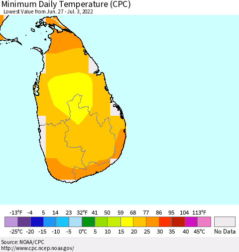 Sri Lanka Extreme Minimum Temperature (CPC) Thematic Map For 6/27/2022 - 7/3/2022