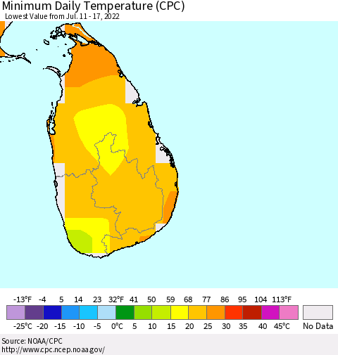 Sri Lanka Extreme Minimum Temperature (CPC) Thematic Map For 7/11/2022 - 7/17/2022