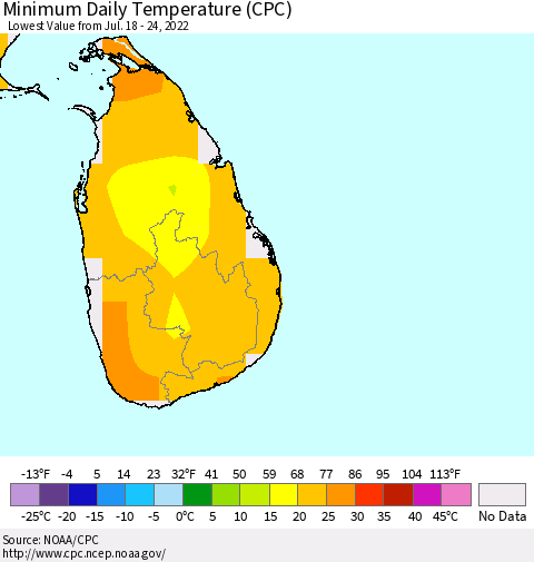 Sri Lanka Minimum Daily Temperature (CPC) Thematic Map For 7/18/2022 - 7/24/2022