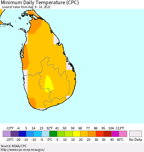 Sri Lanka Minimum Daily Temperature (CPC) Thematic Map For 8/8/2022 - 8/14/2022