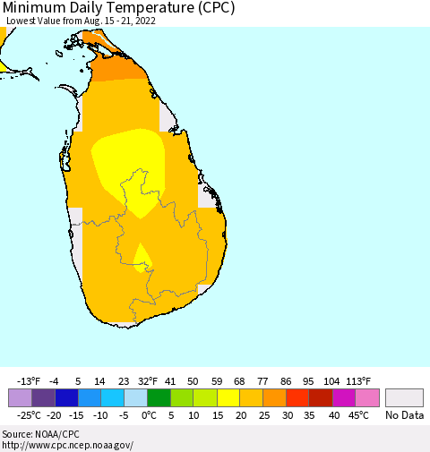 Sri Lanka Minimum Daily Temperature (CPC) Thematic Map For 8/15/2022 - 8/21/2022