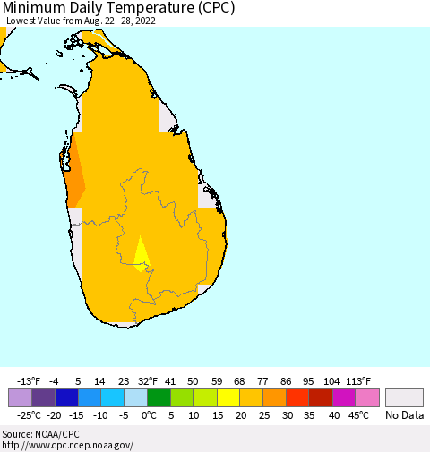 Sri Lanka Minimum Daily Temperature (CPC) Thematic Map For 8/22/2022 - 8/28/2022