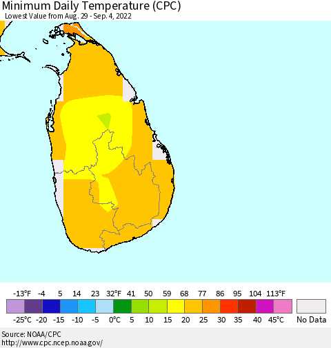 Sri Lanka Minimum Daily Temperature (CPC) Thematic Map For 8/29/2022 - 9/4/2022
