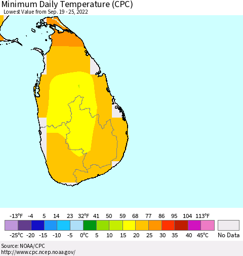 Sri Lanka Minimum Daily Temperature (CPC) Thematic Map For 9/19/2022 - 9/25/2022