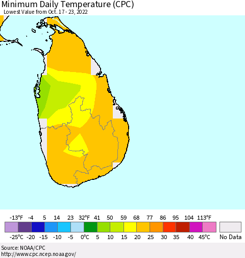 Sri Lanka Minimum Daily Temperature (CPC) Thematic Map For 10/17/2022 - 10/23/2022