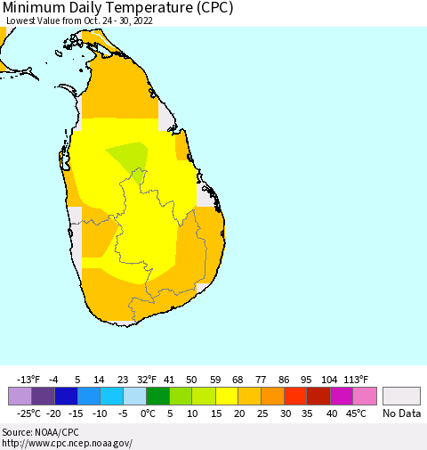 Sri Lanka Minimum Daily Temperature (CPC) Thematic Map For 10/24/2022 - 10/30/2022