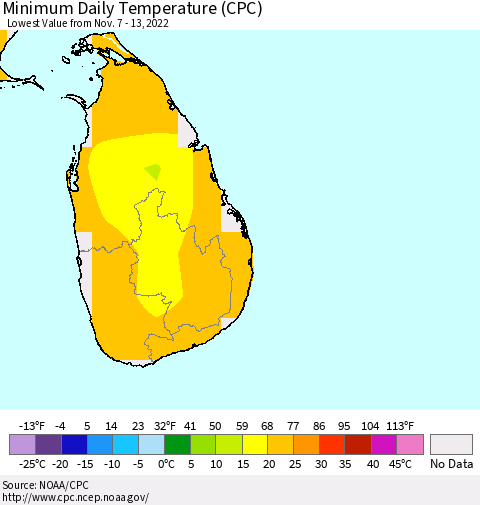 Sri Lanka Minimum Daily Temperature (CPC) Thematic Map For 11/7/2022 - 11/13/2022