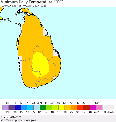 Sri Lanka Minimum Daily Temperature (CPC) Thematic Map For 11/28/2022 - 12/4/2022