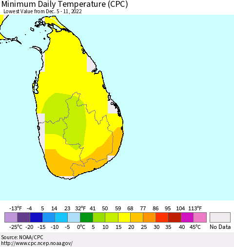 Sri Lanka Minimum Daily Temperature (CPC) Thematic Map For 12/5/2022 - 12/11/2022