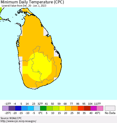 Sri Lanka Minimum Daily Temperature (CPC) Thematic Map For 12/26/2022 - 1/1/2023