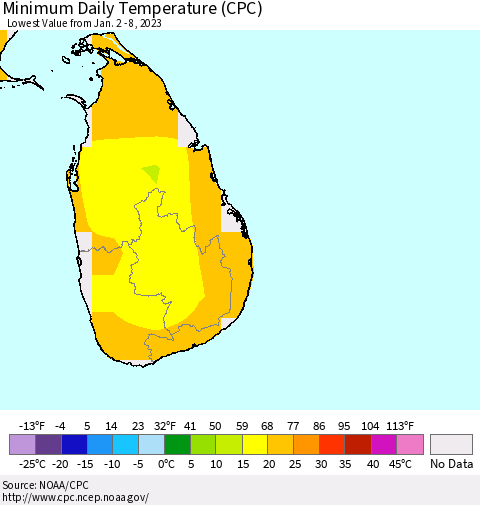 Sri Lanka Minimum Daily Temperature (CPC) Thematic Map For 1/2/2023 - 1/8/2023