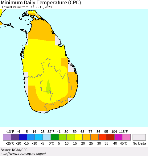 Sri Lanka Minimum Daily Temperature (CPC) Thematic Map For 1/9/2023 - 1/15/2023