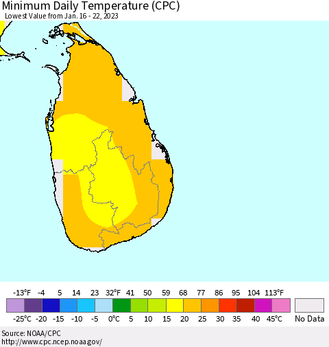 Sri Lanka Minimum Daily Temperature (CPC) Thematic Map For 1/16/2023 - 1/22/2023