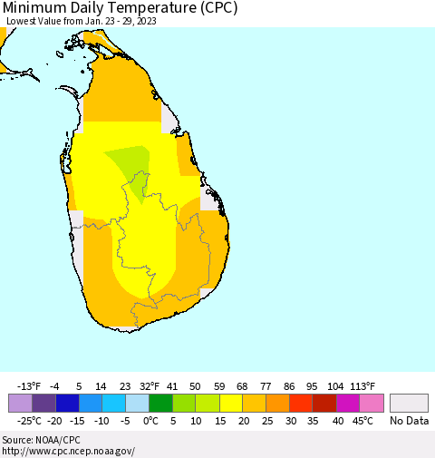 Sri Lanka Minimum Daily Temperature (CPC) Thematic Map For 1/23/2023 - 1/29/2023
