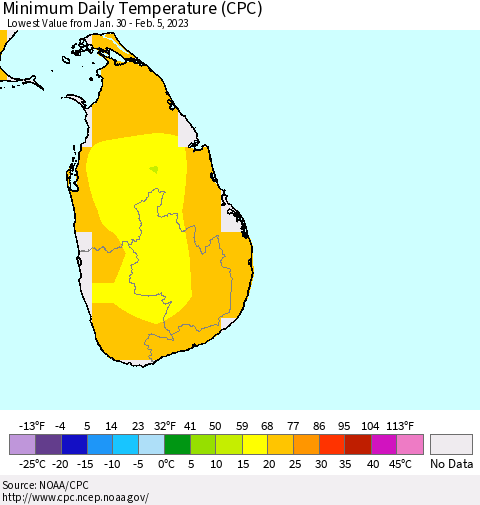 Sri Lanka Minimum Daily Temperature (CPC) Thematic Map For 1/30/2023 - 2/5/2023