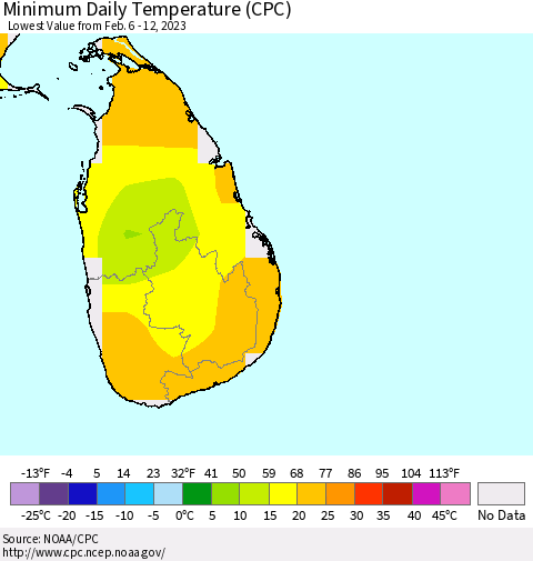 Sri Lanka Minimum Daily Temperature (CPC) Thematic Map For 2/6/2023 - 2/12/2023