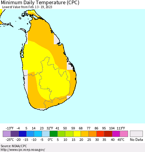 Sri Lanka Minimum Daily Temperature (CPC) Thematic Map For 2/13/2023 - 2/19/2023
