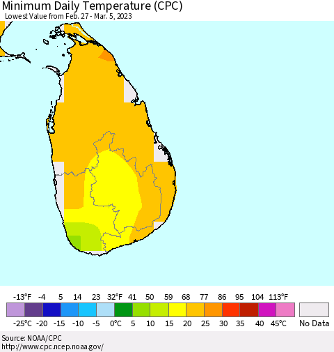 Sri Lanka Minimum Daily Temperature (CPC) Thematic Map For 2/27/2023 - 3/5/2023
