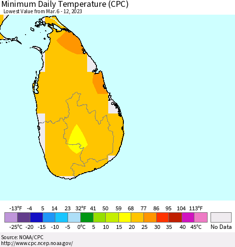 Sri Lanka Minimum Daily Temperature (CPC) Thematic Map For 3/6/2023 - 3/12/2023