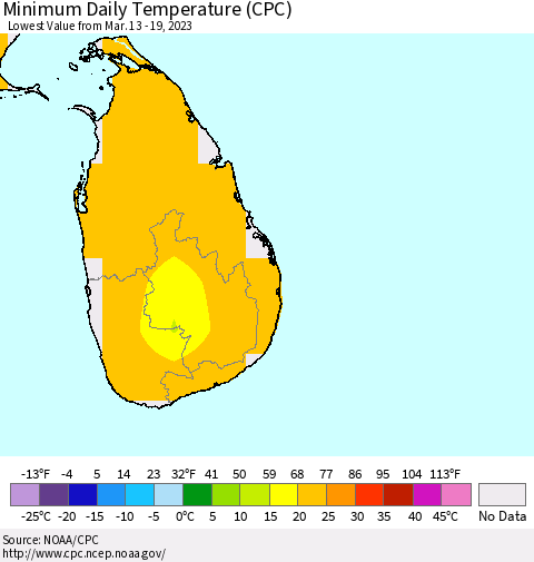Sri Lanka Minimum Daily Temperature (CPC) Thematic Map For 3/13/2023 - 3/19/2023
