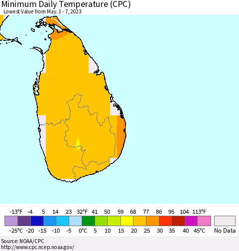 Sri Lanka Minimum Daily Temperature (CPC) Thematic Map For 5/1/2023 - 5/7/2023