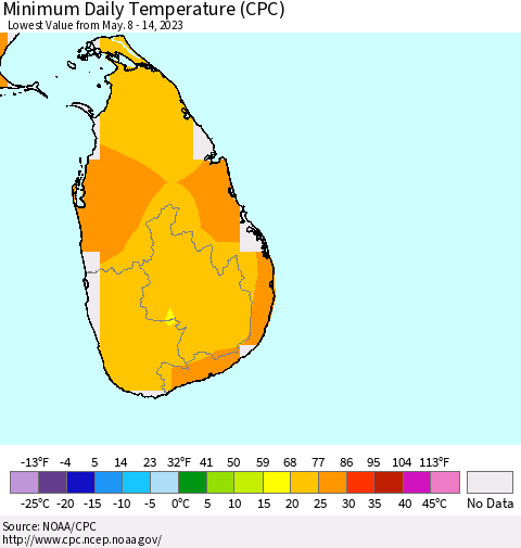 Sri Lanka Minimum Daily Temperature (CPC) Thematic Map For 5/8/2023 - 5/14/2023