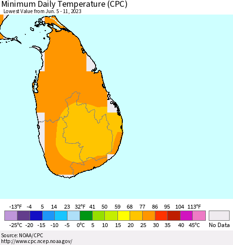 Sri Lanka Minimum Daily Temperature (CPC) Thematic Map For 6/5/2023 - 6/11/2023