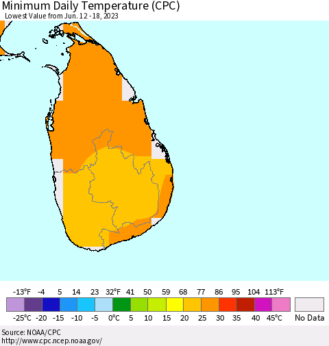 Sri Lanka Minimum Daily Temperature (CPC) Thematic Map For 6/12/2023 - 6/18/2023