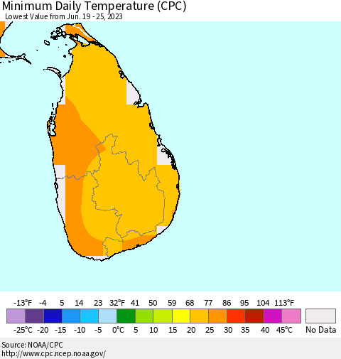 Sri Lanka Minimum Daily Temperature (CPC) Thematic Map For 6/19/2023 - 6/25/2023