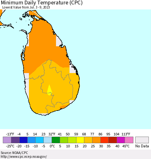 Sri Lanka Minimum Daily Temperature (CPC) Thematic Map For 7/3/2023 - 7/9/2023
