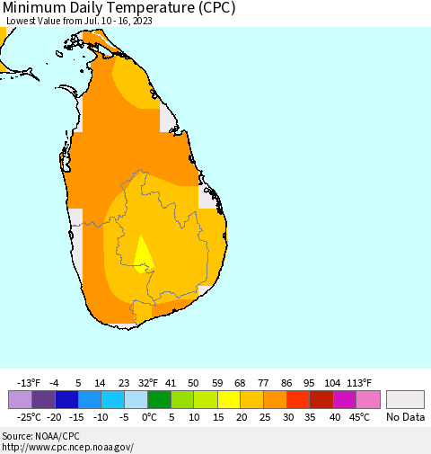 Sri Lanka Minimum Daily Temperature (CPC) Thematic Map For 7/10/2023 - 7/16/2023