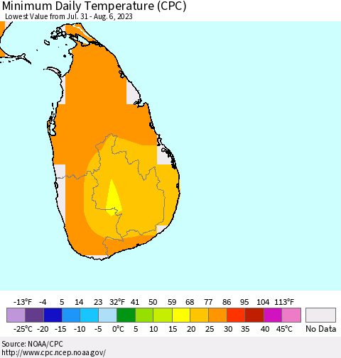 Sri Lanka Minimum Daily Temperature (CPC) Thematic Map For 7/31/2023 - 8/6/2023