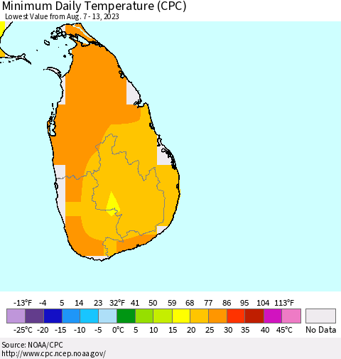 Sri Lanka Minimum Daily Temperature (CPC) Thematic Map For 8/7/2023 - 8/13/2023