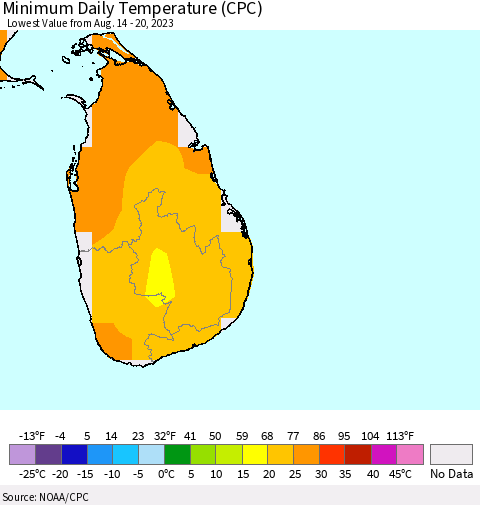Sri Lanka Minimum Daily Temperature (CPC) Thematic Map For 8/14/2023 - 8/20/2023